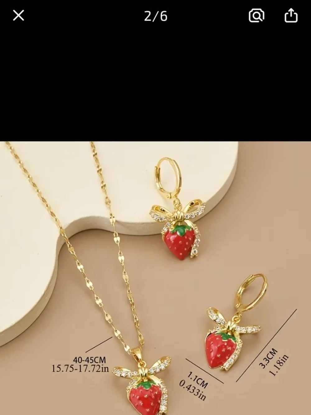 Gold Plated Strawberry Necklace & Earring Set - Red